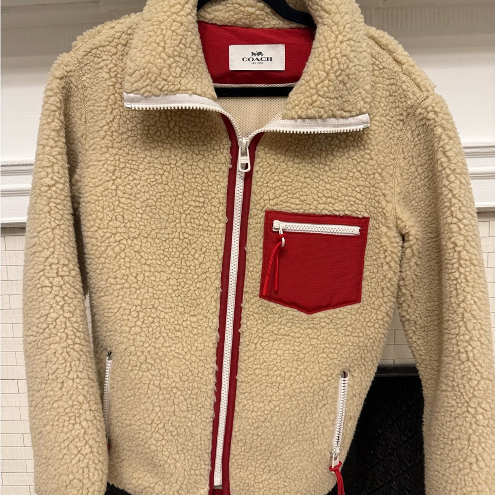 Vintage Coach Sherpa Jacket with Red Accents